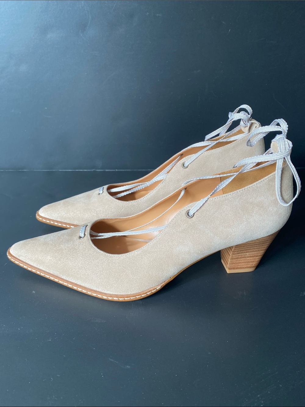 NEW Sundance Odell Suede Lace Up Stacked Wooden Heel Pumps Cream 38 - 7.5 8